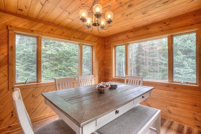 231 Kendall Farm Trl, Rangeley, ME 04970 - dining space with a chandelier, wood walls, wooden ceiling, and wood-type flooring