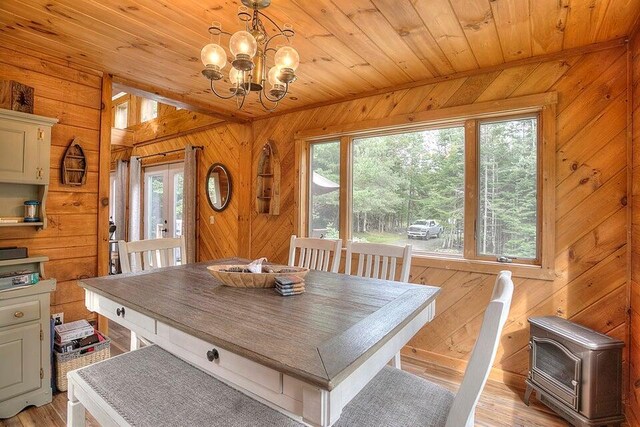 231 Kendall Farm Trl, Rangeley, ME 04970 - dining room with wood walls, wooden ceiling, a chandelier, plenty of natural light, and light wood-style floors