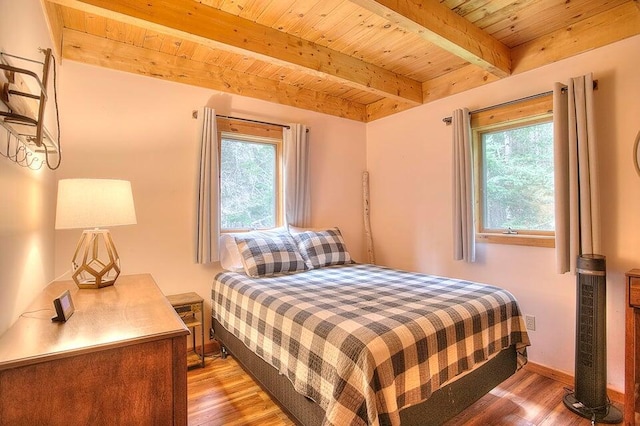 231 Kendall Farm Trl, Rangeley, ME 04970 - bedroom featuring light wood-style floors, multiple windows, wood ceiling, beam ceiling, and baseboards