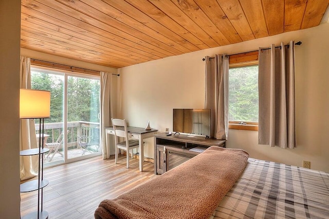 231 Kendall Farm Trl, Rangeley, ME 04970 - bedroom featuring wooden ceiling, access to outside, multiple windows, and wood finished floors