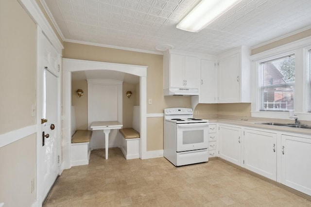 kitchen with white electric range oven, under cabinet range hood, a sink, white cabinetry, and light countertops