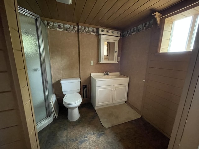 172 Highland Ave, Gardiner, ME 04345 - bathroom with a stall shower, toilet, vanity, and wood ceiling