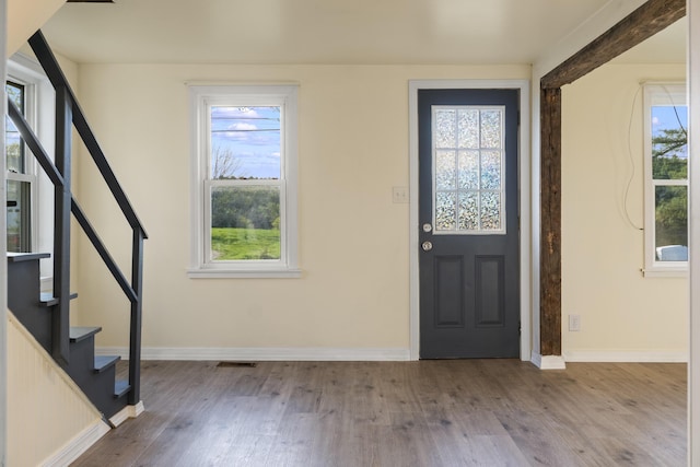 441 Middle Rd, Woolwich, ME 04579 - entryway featuring stairway, wood finished floors, and baseboards