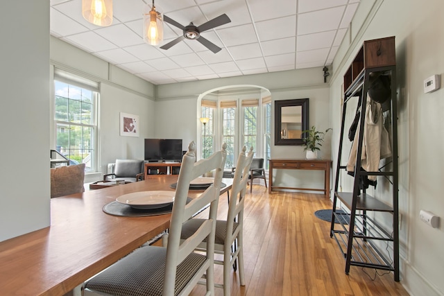 66 Spruce St Unit 1, Portland, ME 04102 - dining room with arched walkways, hardwood / wood-style flooring, a drop ceiling, and a ceiling fan