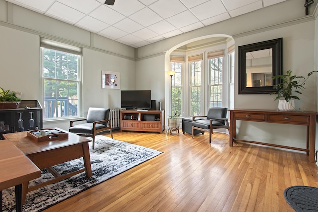 66 Spruce St Unit 1, Portland, ME 04102 - living area featuring arched walkways, light wood finished floors, a drop ceiling, radiator heating unit, and a ceiling fan