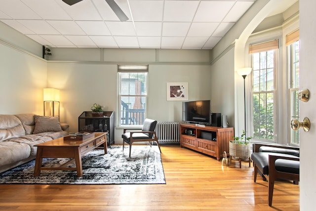 66 Spruce St Unit 1, Portland, ME 04102 - living area with healthy amount of natural light, a drop ceiling, light wood finished floors, and radiator heating unit