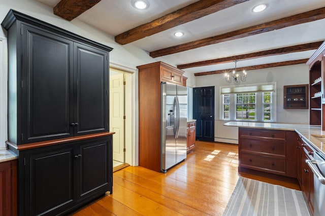 18 Laurel Ln, Eliot, ME 03903 - kitchen featuring appliances with stainless steel finishes, a baseboard radiator, beam ceiling, light wood-style floors, and recessed lighting