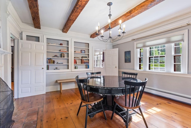 18 Laurel Ln, Eliot, ME 03903 - dining room featuring a chandelier, hardwood / wood-style flooring, beamed ceiling, and baseboard heating