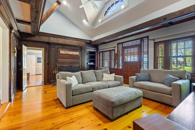 18 Laurel Ln, Eliot, ME 03903 - living room with light wood-style floors, ceiling fan, and high vaulted ceiling
