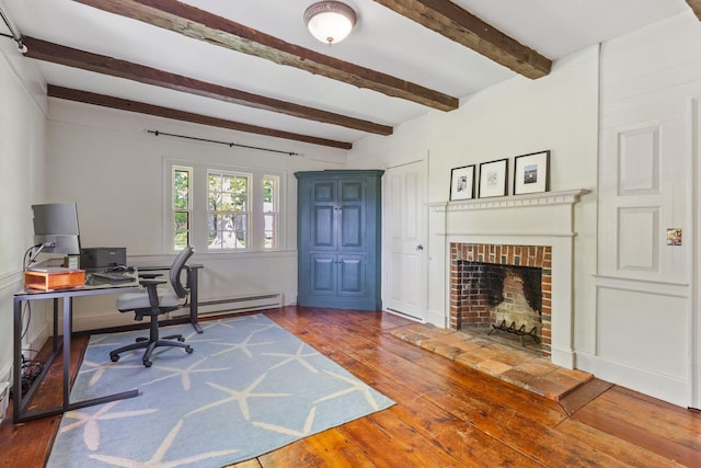 18 Laurel Ln, Eliot, ME 03903 - office area featuring hardwood / wood-style flooring, beamed ceiling, and a fireplace