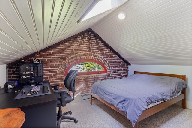 18 Laurel Ln, Eliot, ME 03903 - bedroom featuring brick wall, vaulted ceiling, carpet, wood ceiling, and an office area