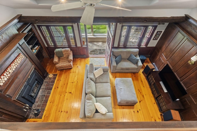18 Laurel Ln, Eliot, ME 03903 - living room with a tiled fireplace, hardwood / wood-style floors, and ceiling fan