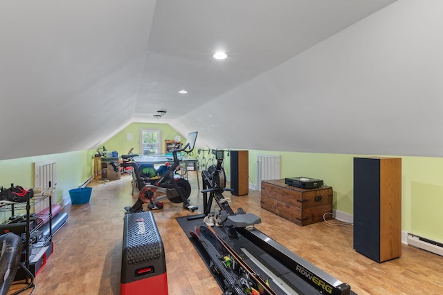 18 Laurel Ln, Eliot, ME 03903 - workout room with vaulted ceiling, a baseboard radiator, wood finished floors, baseboards, and recessed lighting