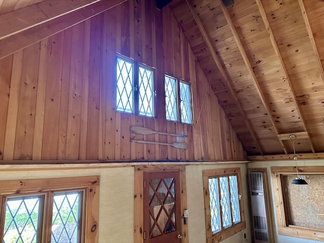 734 Duck Cove Rd, Roque Bluffs, ME 04654 - detailed view of wood ceiling, wooden walls, and beam ceiling
