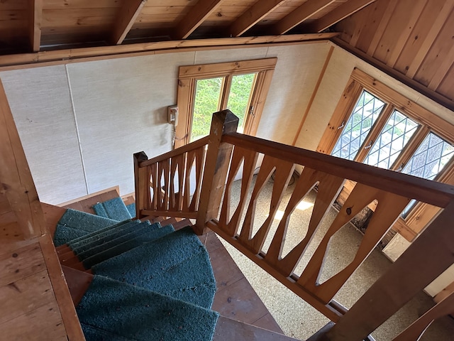 734 Duck Cove Rd, Roque Bluffs, ME 04654 - stairway featuring tile patterned floors and wooden ceiling