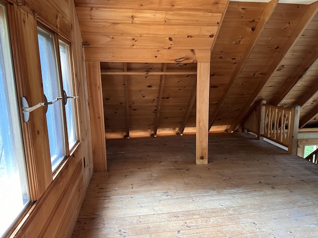 734 Duck Cove Rd, Roque Bluffs, ME 04654 - bonus room featuring wooden ceiling, hardwood / wood-style floors, wooden walls, and lofted ceiling
