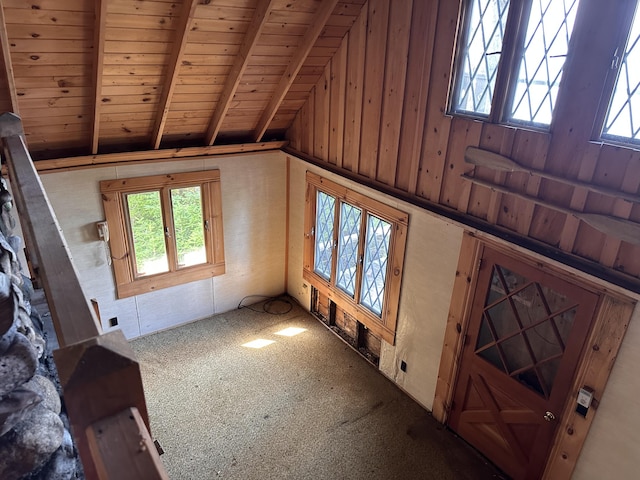 734 Duck Cove Rd, Roque Bluffs, ME 04654 - additional living space featuring wooden ceiling, healthy amount of natural light, carpet floors, and wooden walls