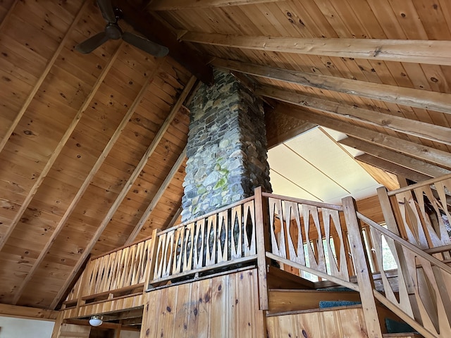 734 Duck Cove Rd, Roque Bluffs, ME 04654 - staircase with wood ceiling, a ceiling fan, beamed ceiling, and high vaulted ceiling