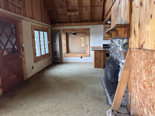 734 Duck Cove Rd, Roque Bluffs, ME 04654 - unfurnished living room with wood ceiling, lofted ceiling, and carpet