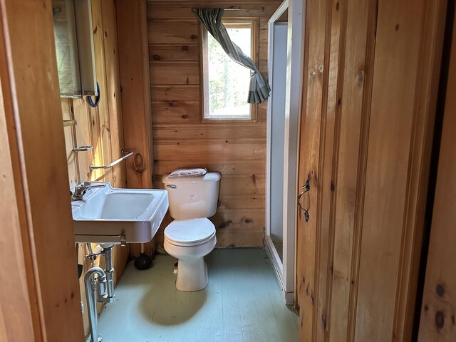 734 Duck Cove Rd, Roque Bluffs, ME 04654 - full bath featuring toilet, wood walls, a sink, and a stall shower