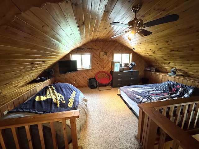 135 W Conroy Lake Rd, Monticello, ME 04760 - bedroom with carpet, wood ceiling, wooden walls, and vaulted ceiling