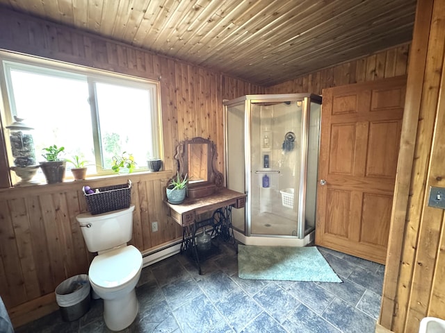 135 W Conroy Lake Rd, Monticello, ME 04760 - bathroom featuring wooden walls, a shower stall, toilet, stone finish floors, and wood ceiling