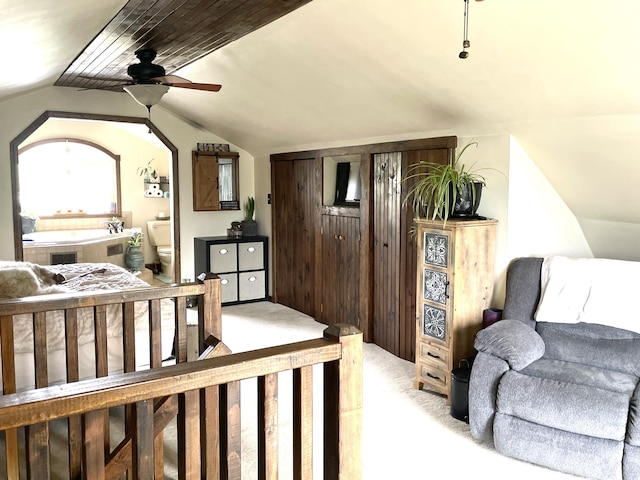 135 W Conroy Lake Rd, Monticello, ME 04760 - bedroom with light carpet, lofted ceiling, and ensuite bath
