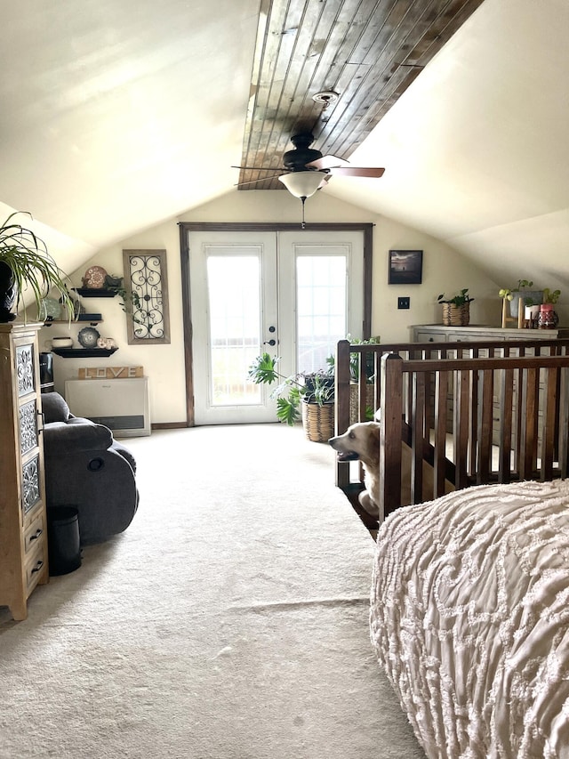 135 W Conroy Lake Rd, Monticello, ME 04760 - carpeted bedroom featuring access to outside, french doors, and lofted ceiling