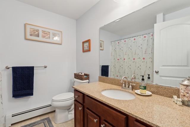 30 Agatha James Dr Unit 11, Kennebunk, ME 04043 - full bathroom featuring a baseboard radiator, toilet, vanity, tile patterned flooring, and a shower with shower curtain