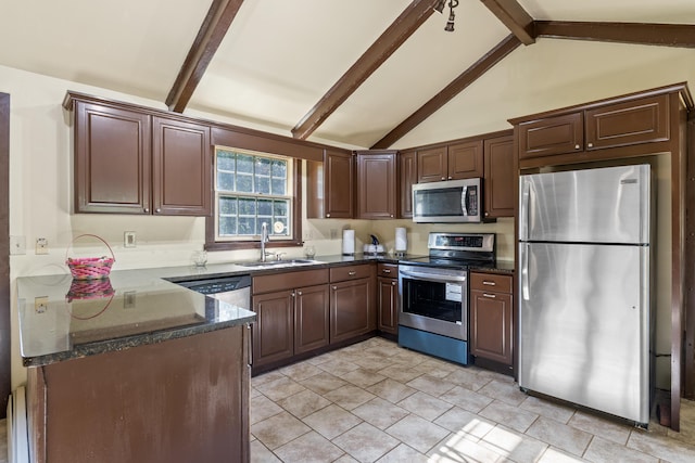 20 Sunderland Dr, Auburn, ME 04210 - kitchen with appliances with stainless steel finishes, a sink, dark stone countertops, and dark brown cabinets