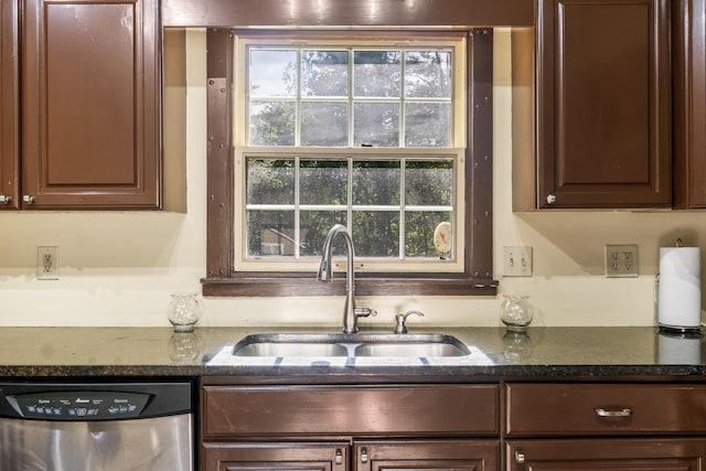 20 Sunderland Dr, Auburn, ME 04210 - kitchen with stainless steel dishwasher, a sink, dark stone countertops, and healthy amount of natural light