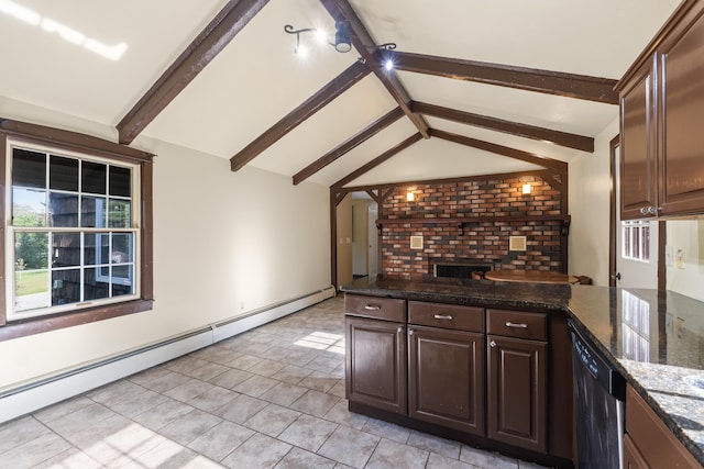 20 Sunderland Dr, Auburn, ME 04210 - kitchen with a baseboard radiator, stainless steel dishwasher, dark brown cabinets, a peninsula, and light tile patterned flooring