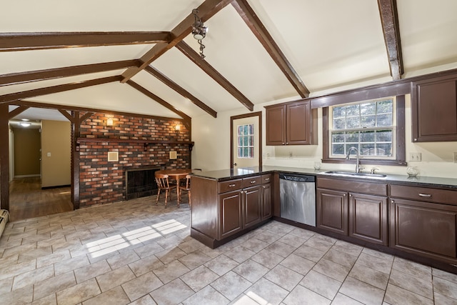 20 Sunderland Dr, Auburn, ME 04210 - kitchen with dishwasher, a sink, a peninsula, a fireplace, and plenty of natural light