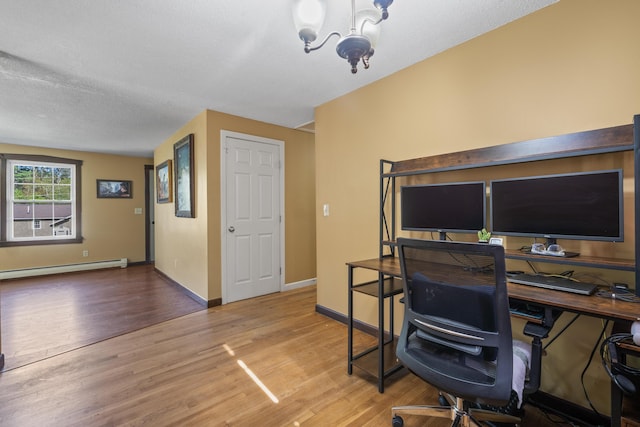 20 Sunderland Dr, Auburn, ME 04210 - office featuring a chandelier, wood finished floors, a baseboard radiator, baseboards, and a textured ceiling