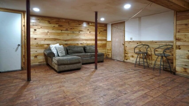 72 Sand Beach Rd, Standish, ME 04084 - living area featuring wooden walls, hardwood / wood-style flooring, and recessed lighting