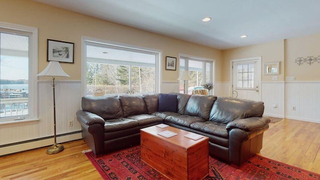 72 Sand Beach Rd, Standish, ME 04084 - living room with wainscoting, wood finished floors, baseboard heating, and recessed lighting