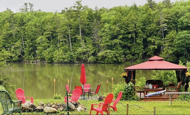 29 Fish Point Rd, Orland, ME 04472 - dock with a gazebo, a water view, and a forest view