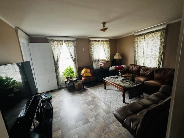 29 Fish Point Rd, Orland, ME 04472 - living area with crown molding and stone finish flooring