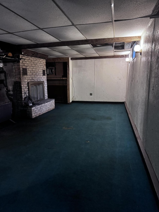 1596 Bald Mountain Rd, Orland, ME 04472 - unfinished basement with a brick fireplace and a drop ceiling