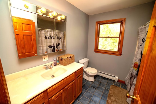 51 Brookview Dr, Bucksport, ME 04416 - bathroom with a baseboard heating unit, vanity, tile patterned floors, and a shower with curtain