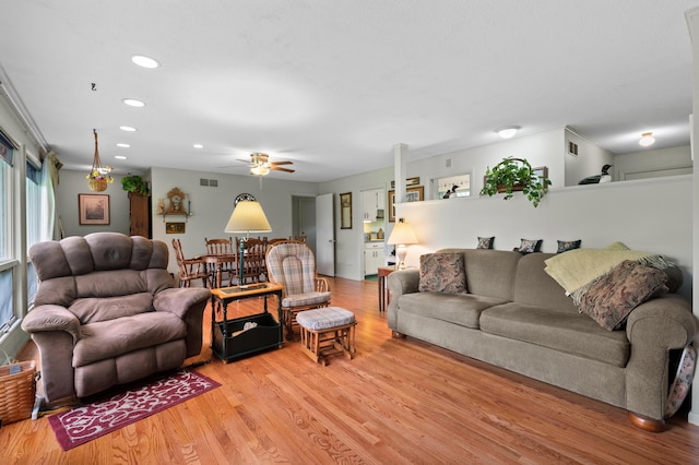 55 Woodland St, Fryeburg, ME 04037 - living area with a ceiling fan, light wood-style floors, and recessed lighting
