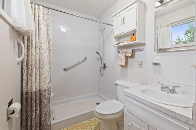 55 Woodland St, Fryeburg, ME 04037 - full bathroom featuring a stall shower, toilet, vanity, and crown molding
