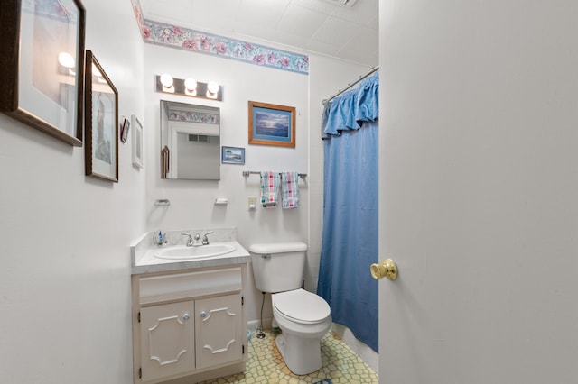 55 Woodland St, Fryeburg, ME 04037 - full bathroom featuring toilet, vanity, curtained shower, and baseboards