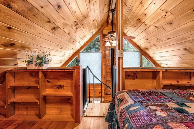 19 Birch Ests, Rome, ME 04963 - bedroom featuring wood ceiling, wood-type flooring, wood walls, and lofted ceiling