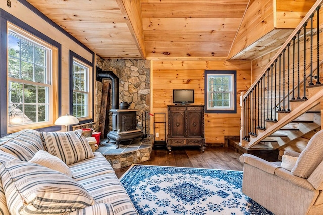19 Birch Ests, Rome, ME 04963 - living room featuring wood ceiling, a wood stove, hardwood / wood-style flooring, stairs, and wood walls