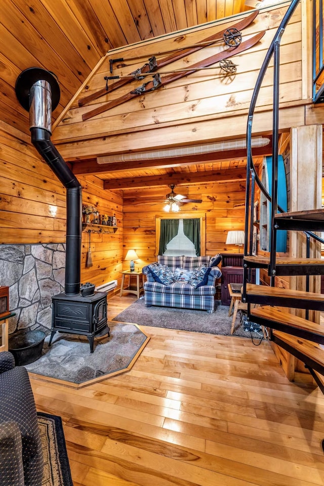19 Birch Ests, Rome, ME 04963 - living room featuring wood ceiling, wood walls, a wood stove, lofted ceiling, and wood-type flooring