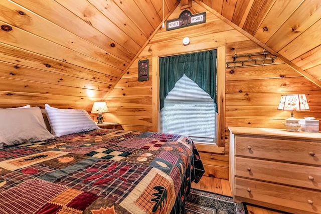 19 Birch Ests, Rome, ME 04963 - bedroom with wood ceiling, wooden walls, and vaulted ceiling