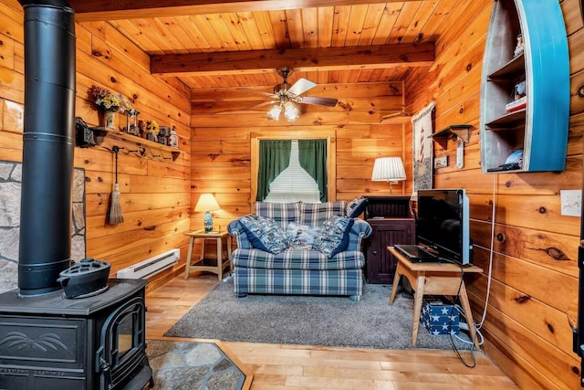 19 Birch Ests, Rome, ME 04963 - living room with a wood stove, ceiling fan, hardwood / wood-style flooring, beam ceiling, and wooden walls
