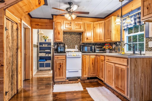 19 Birch Ests, Rome, ME 04963 - kitchen featuring gas range gas stove, dark wood-style floors, backsplash, ceiling fan, and a sink