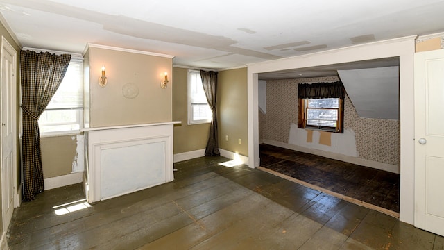 43 Main St, Harrison, ME 04040 - spare room with wood-type flooring, baseboards, ornamental molding, and wallpapered walls